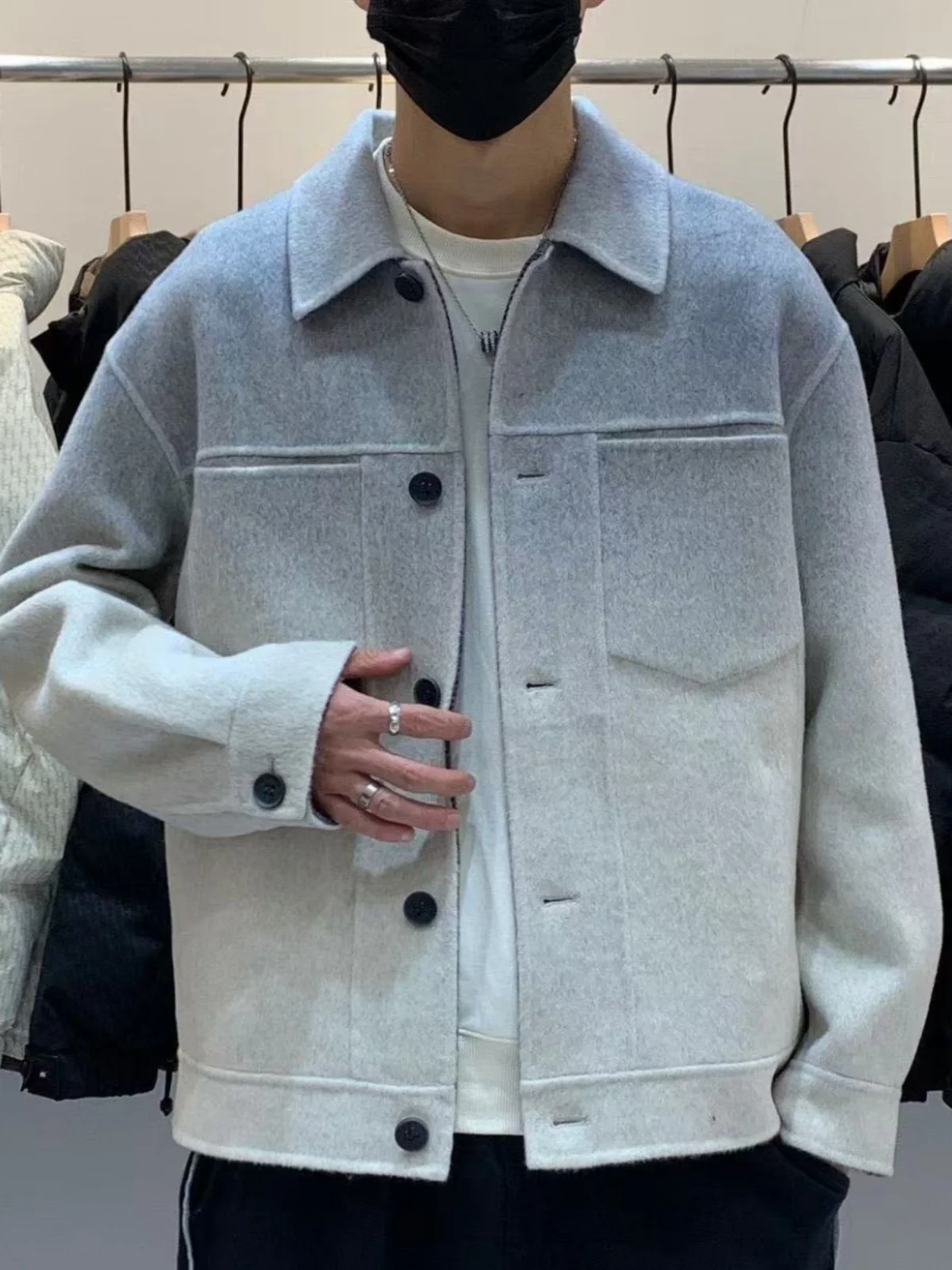 

Winter 2024 Men's Korean Sle Woolen Coat Comfortable adient Color Flip Collar Classic Double Breasted Stand Fit Jaet