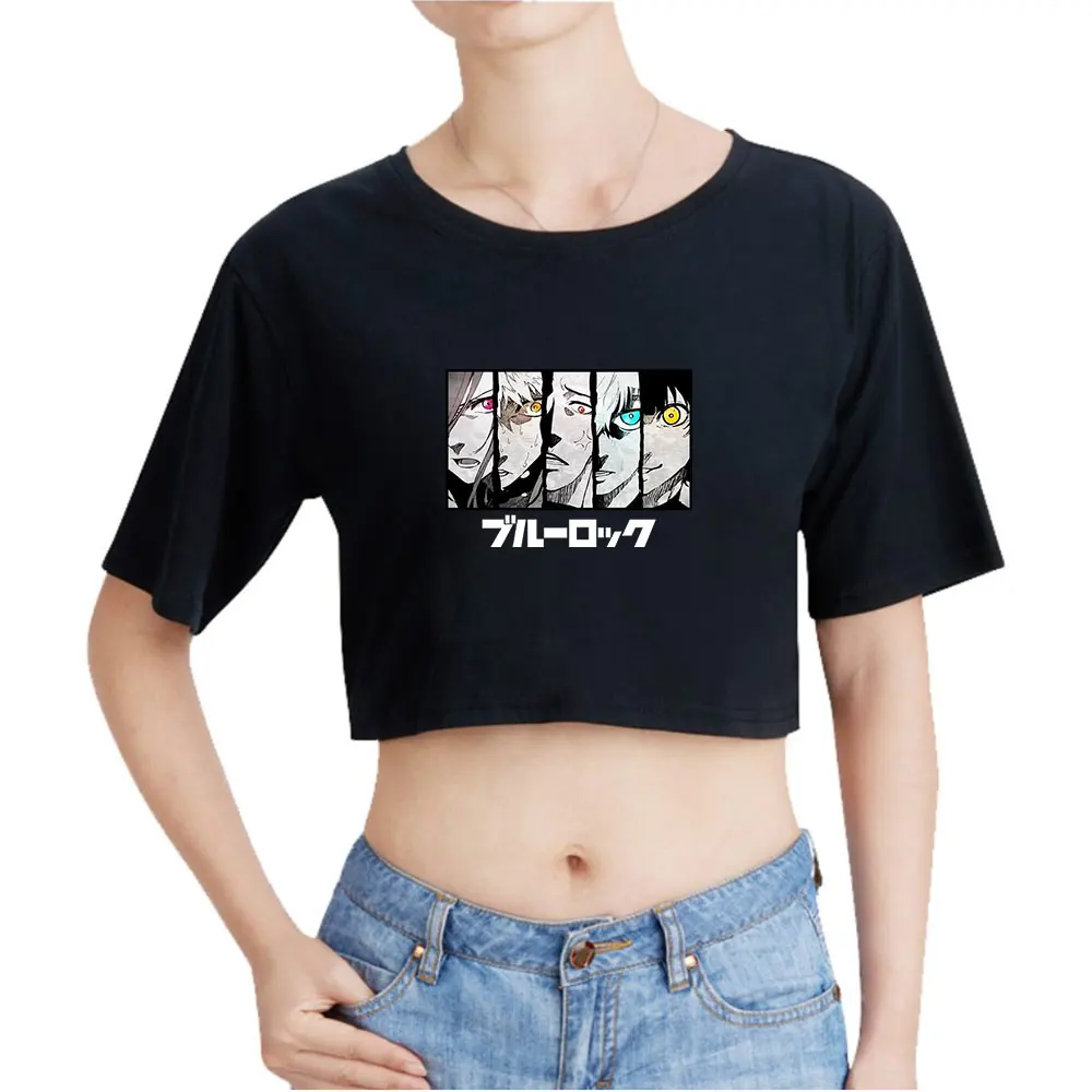 Blue Lock Isagi Yoichi Vintage 90s Crop Top Exposed Navel T-Shirt Oversize O-Neck Tops Funny Tshirt Top Women