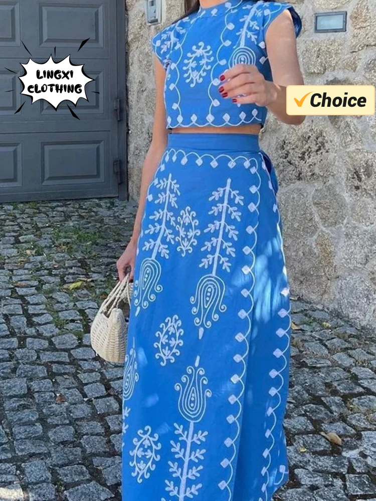 2024 Summer Fashion Women\'s Skirt New Matching Collection Printed Elegant Ethnic Style Elegant Waist Skirt Set of Two