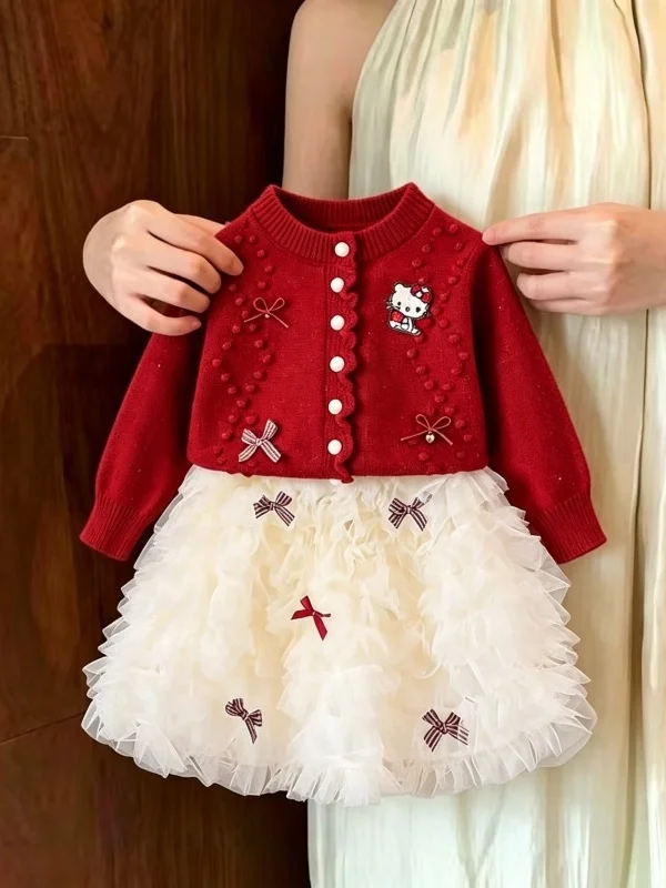Girls Long Sleeve Knitted Sweater Coat And Half Skirt Two Piece Set Autumn Fashionable And Fairy Tale like Outfit for Kids