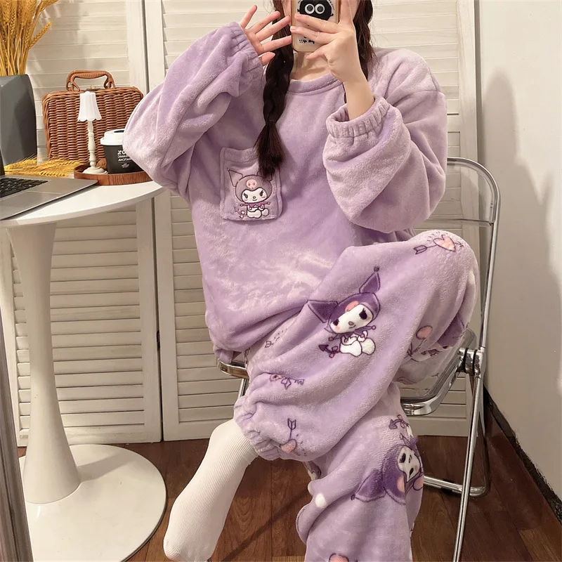 Pijama Sanrio de franela para mujer, figura de dibujos animados, dulce corazón femenino, Otoño Invierno, terciopelo Coral, conjunto de ropa de casa para estudiantes con pantalones