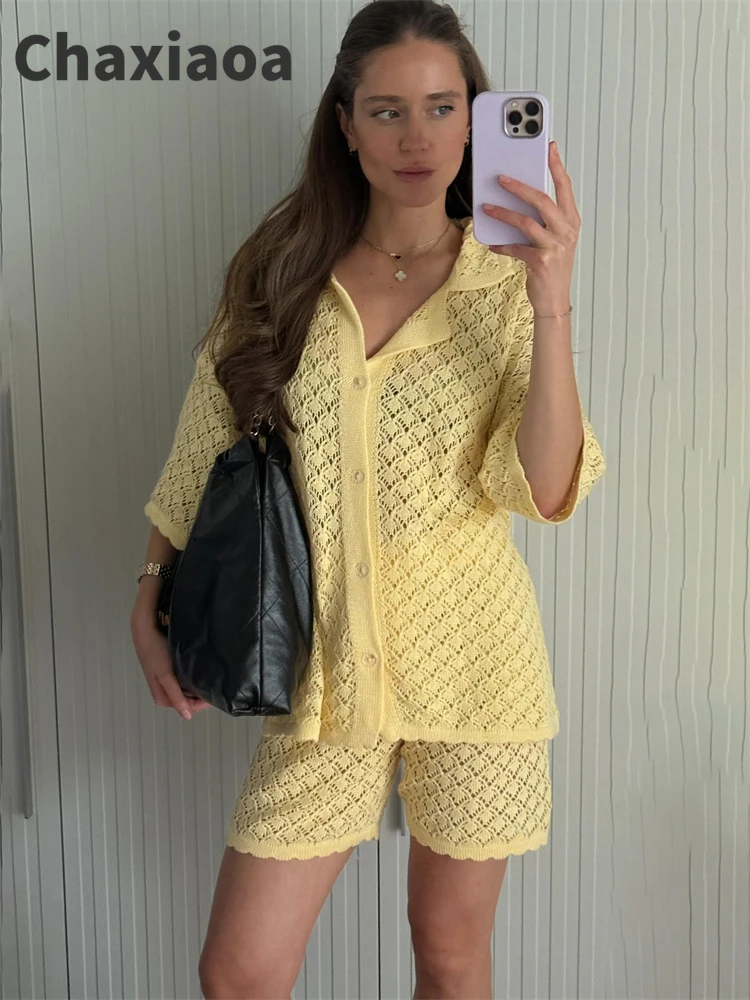 

Chaxiaoa вязаный комплект из двух предметов с принтом, шорты, женские накидки для пляжного отдыха, свободная прозрачная одежда, летние трикотажные изделия, женские наряды