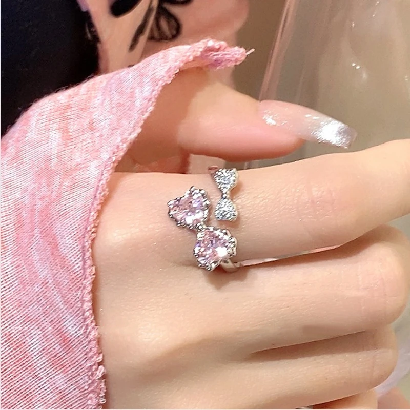 Live-streaming hit new product Sweet Girl Silver Accessories S925 Pure Silver Pink Diamond Bow Ring for Women
