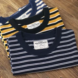 Ok2133# Summer New Japanese Retro Short Sleeve Striped T-shirt Men's Fashion 100% Cotton Round Neck Washed Old Heavyweight Tops