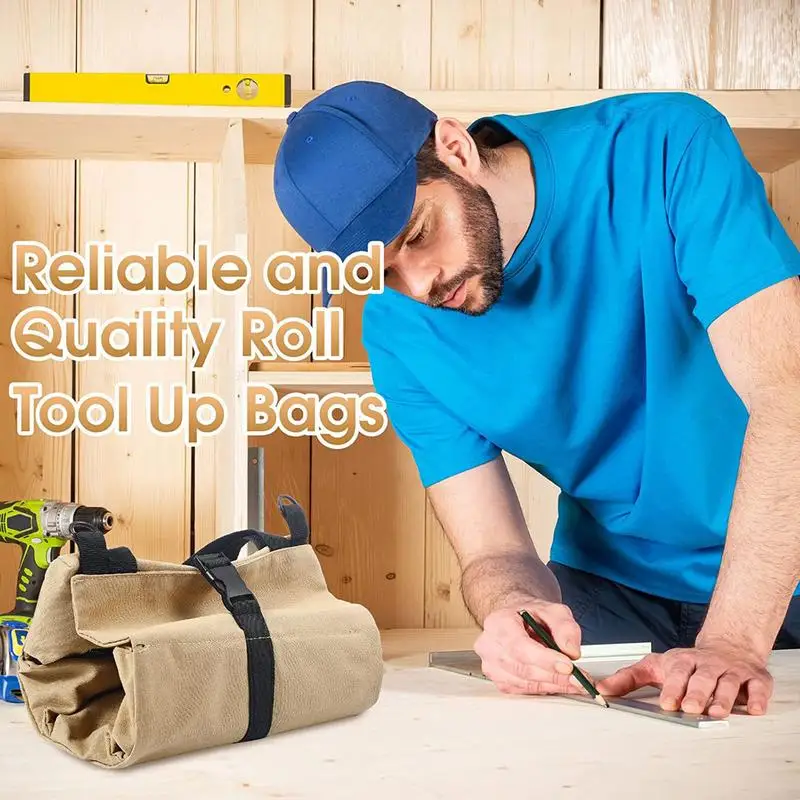 Tool Roll Up Bag Multi-Purpose Roll Up Tool Bag Canvas Tool Roll Organizer 5 Zipper Tool Pockets Electricians Wrench Tool Roll