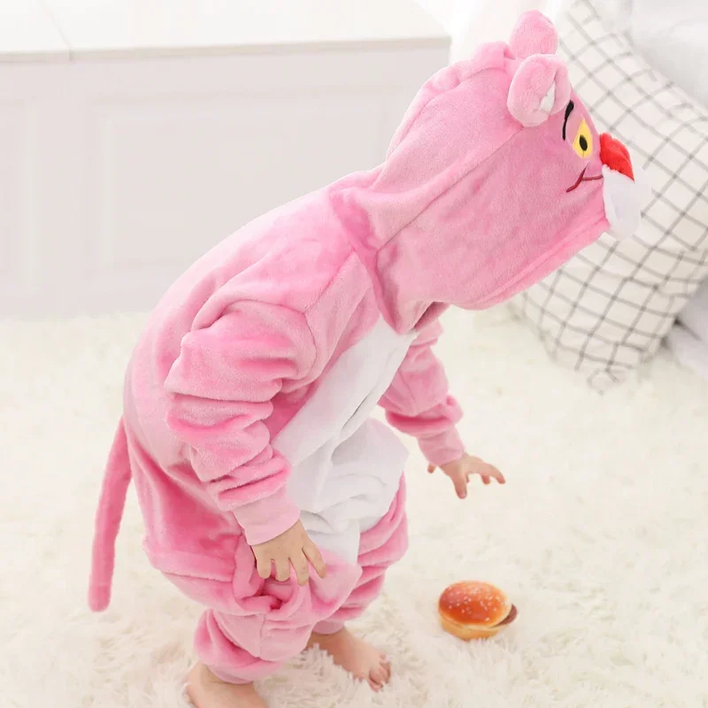 Cute pink kigurumis Panther Onesie kid boy girl pajama animal sleepwear funny jumpsuit winter warm flannel overalls party outfit