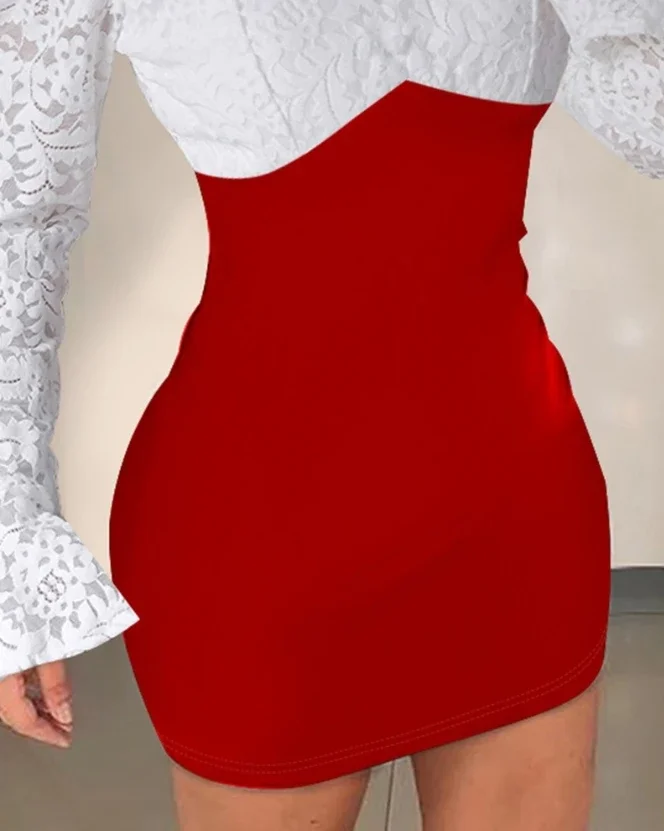 CPSYMYM ชุดสตรีฤดูใบไม้ผลิ Colorblock เซ็กซี่ Contrast Lace Bell Sleeve V คอแขนยาว Bodycon ทุกวัน Semi-Sheer Mini