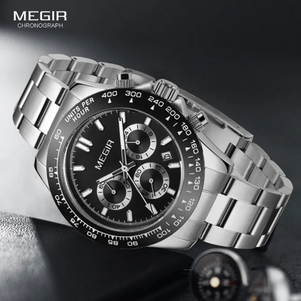 MEGIR Fashion Quartz Watches for Men Top Brand Luxury Chronograph Watch with Stainless Steel Strap Waterproof 24-hour Wristwatch