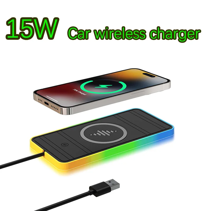 15W Car Wireless Charger Adjust RGB Lights Non-Slip Charger Pad for iPhone 15 14 13 12 Samsung Airprods Car Fast Phone Charging