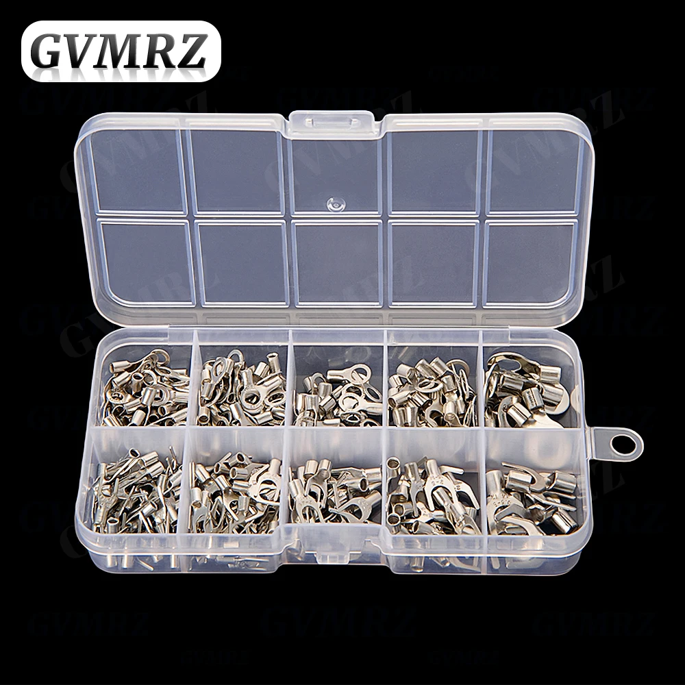320PCS Non-Insulated Copper Wire Crimp Terminals Connectors Kit Ring & Fork U Shaped O Shaped Cold Pressed Bare Terminals