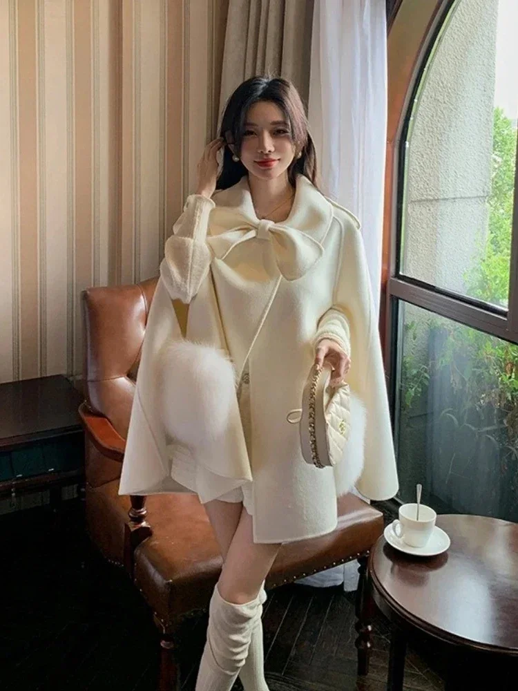 

Women New Autumn Winter Clothes Fahsion Real Fox Fur Woolen Cloak Shawl Thick Warm Double-faced Chasmere Wool Jacket