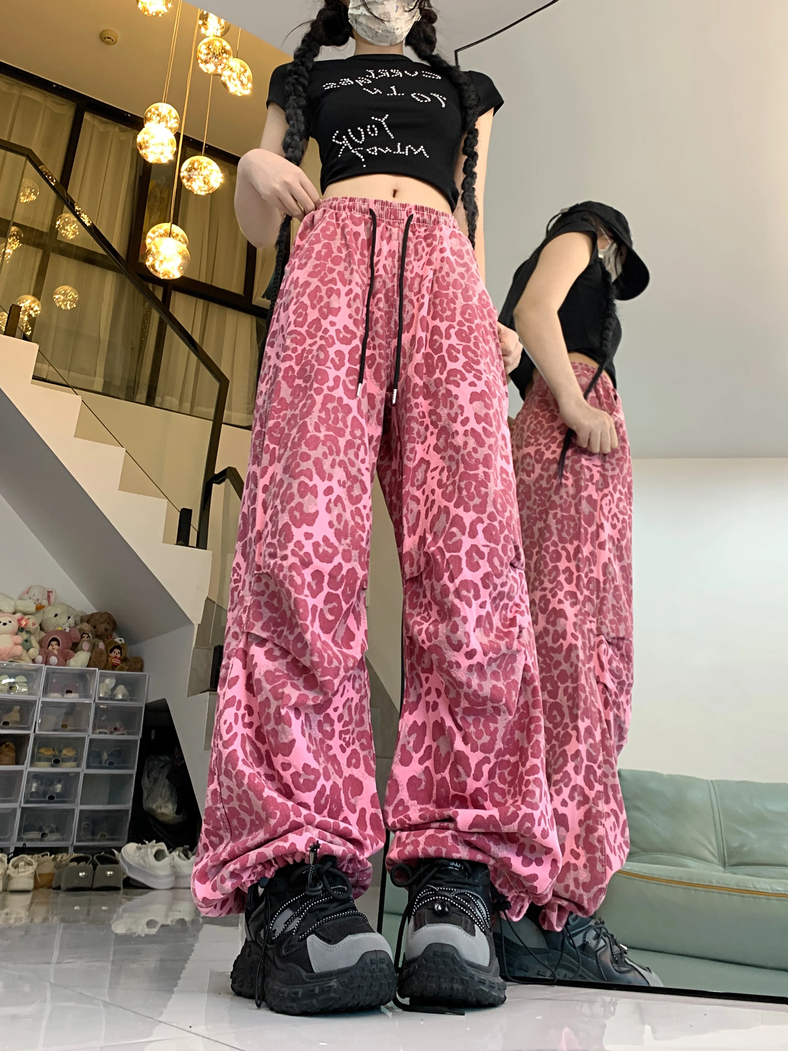 American street retro pink leopard print wide leg pants with niche design, straight leg street dance pants for women