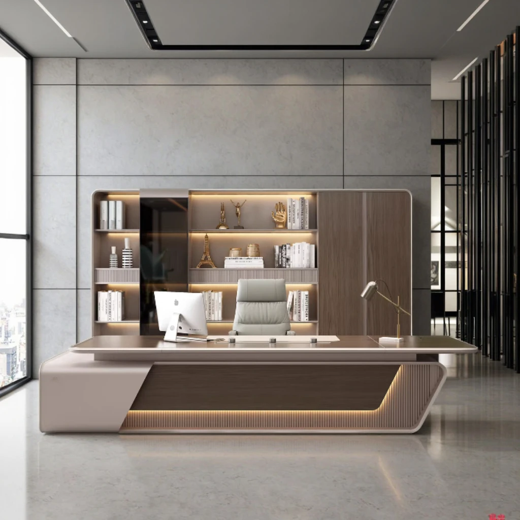 Executive Luxury Modern Wooden Office Desk Foldable I-Shape with File Cabinet and Table Drawers