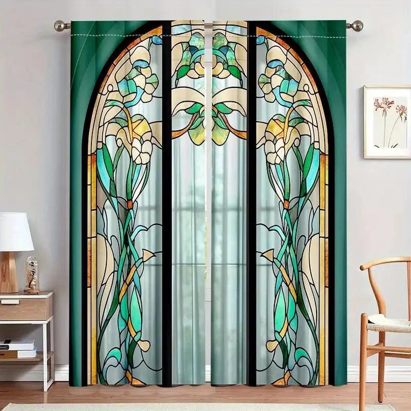 Art Nouveau Stained Glass Curtains Pair for Living Room Decorative Window Curtains Home Decor Emerald Green Pattern Curtain Trea
