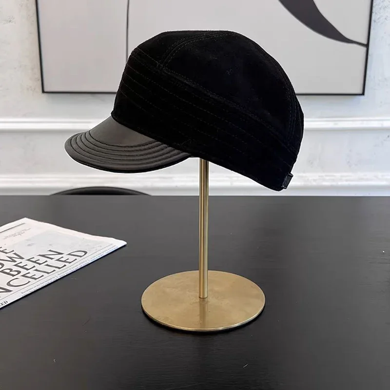 แฟชั่นของแท้หนัง Sheepskin เบสบอลหมวกผู้หญิงหมวกสีดํา/สีน้ําตาล Vintage สุภาพสตรีฤดูหนาวหมวกจิตรกรหมวก