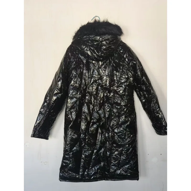 Odzież damska średniej długości, styl casual, zapinana na zamek, błyszcząca, ze skóry PU, jednolita, z dużym futrzanym kołnierzem, dopasowany krój, łączona.