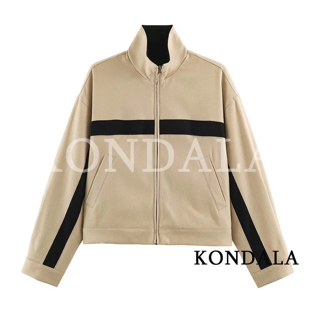 KONDALA Women Chic Casual Contrasting Stand-up Collar Jacket Elegant Vintage Old Money Aesthetic Jacket 2026 Spring Fall Jacket