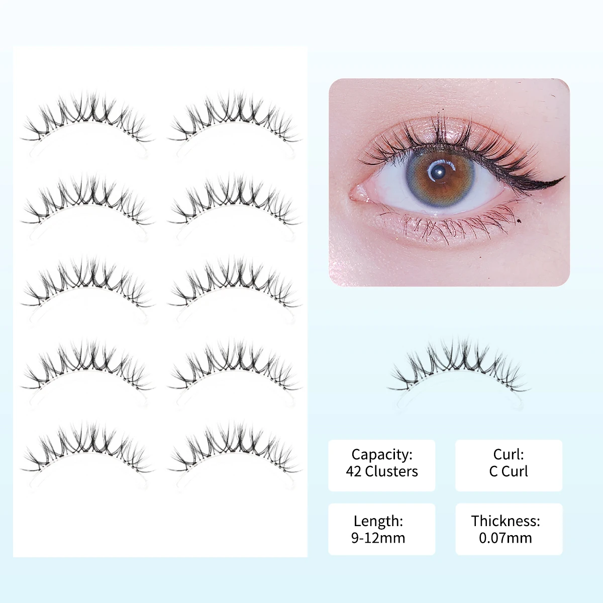 5 Paar W7 Falsche Wimpern Wispy Soft Cluster Lashes Natürliche dicke Manga-Wimpern mit klarem Band Koreanischer Stil Anime für Mädchen