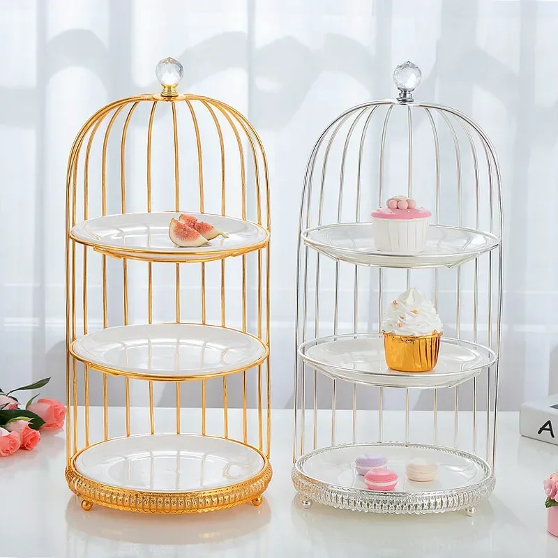 Birdcage Cake Stand Two Floors Three Floors Ceramic Plate Golden Silver Metal Snack Rack Dessert Cake Pastry Tray Display Stand