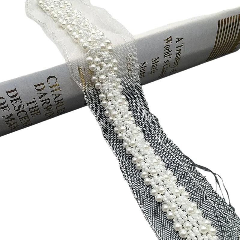 50CM Off White Beaded Lace Trim Tape Fabric Ribbon DIY Collar Sewing Garment Belt Wedding Dress Pearl Lace Materials