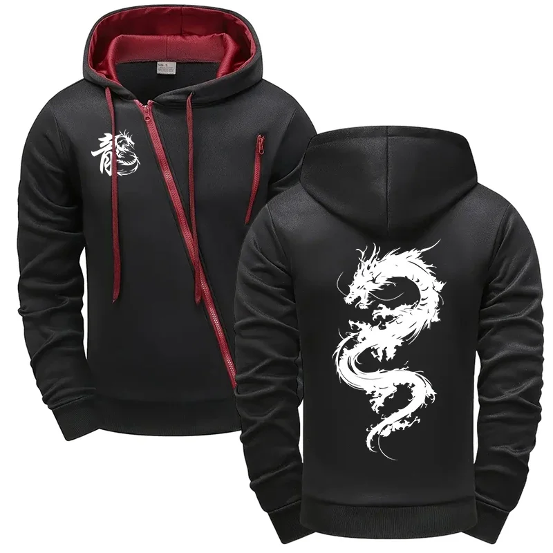 Chinese Dragon Printed Hoodie for Men All Season Daily Casual Sports Coats Outdoor Motorcycle Riding Zip-up Jacket Men's Clothes