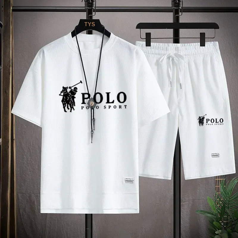

New Waffle Summer Casual T-shirt Shorts Set Men's Sportswear Youth Loose Set