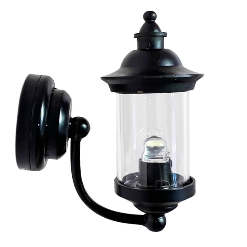 B05C-2X Akcesoria do domku dla lalek w skali 1/12, miniaturowa lampa ścienna LED, lampa zewnętrzna, czarna lampa ścienna, zasilana bateryjnie