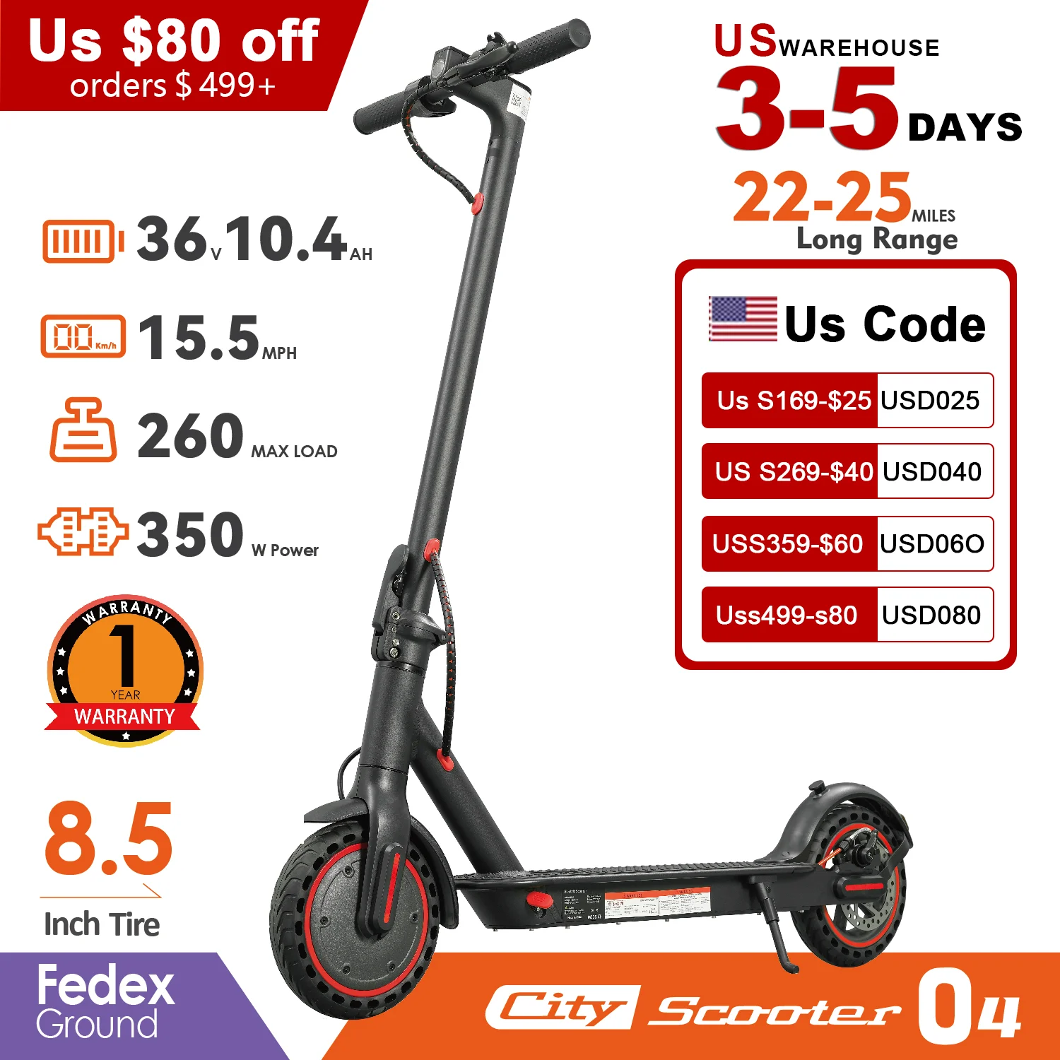 350W Foldable Long Range Solid Tyre Lightweight Smart App 10.4Ah 15.6MPH Folding Kick Folding Adults Electric Scooter  US Stock