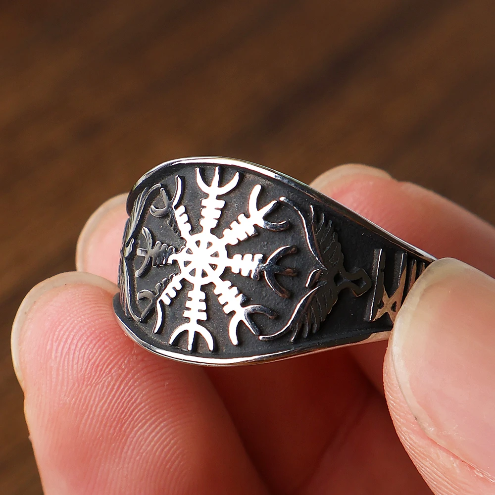 Vintage Viking Compass Rings for Men Stainless Steel Punk Nordic Odin Raven Amulet Rune Ring Cyclist Jewelry Gift Free Shipping