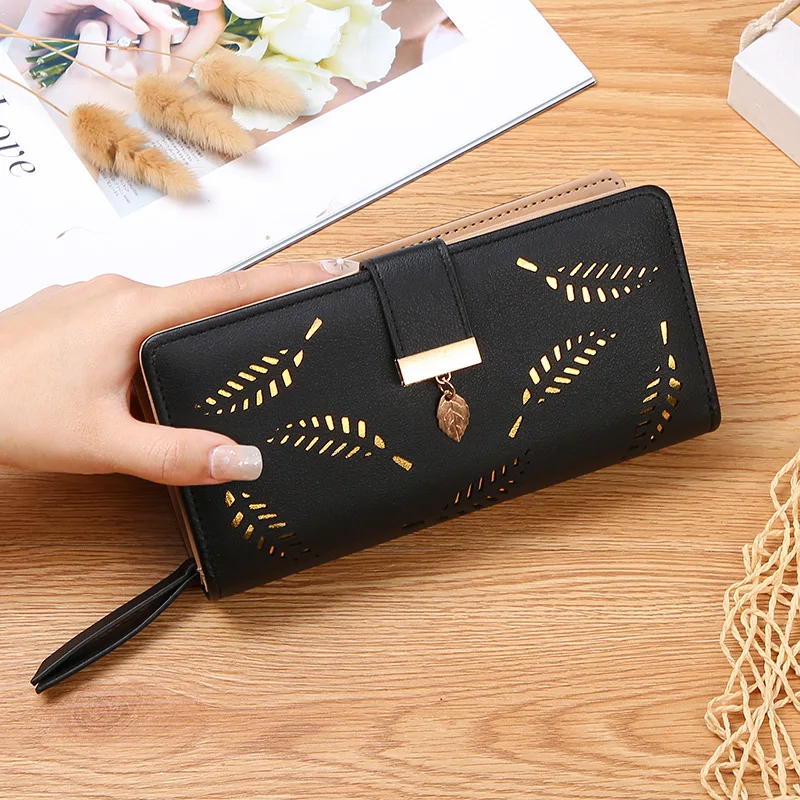 Leather Women Wallets Clutch Purse Female Long Wallet Gold Hollow Leaves Handbag Ladies Credit Card Holders Coin Purse Phone Bag