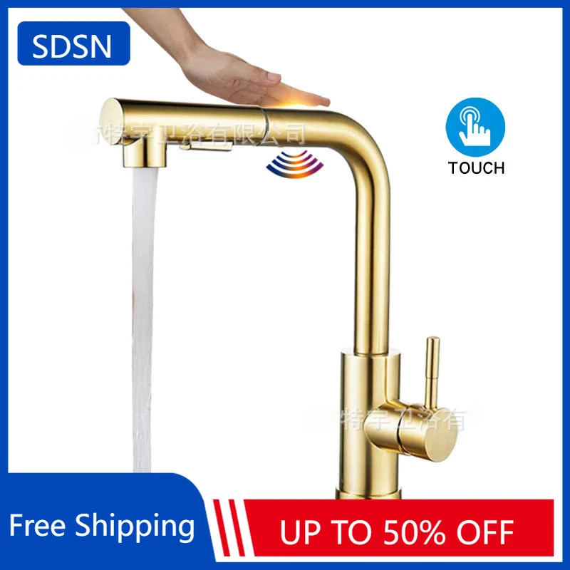Brushed Gold Touch on Kitchen Sink Faucets with Pull Out Hot Cold Kitchen Sink Mixer Tap Sensor Touch Pull Out Kichen Faucet