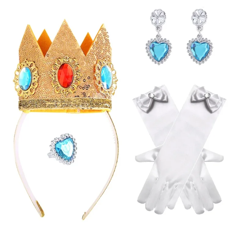 Girls Princess Peach Cosplay Sequins Crown With Diamond Ring Ear Clips White Bow Gloves Kids Fairy Magic Wand Halloween Prop