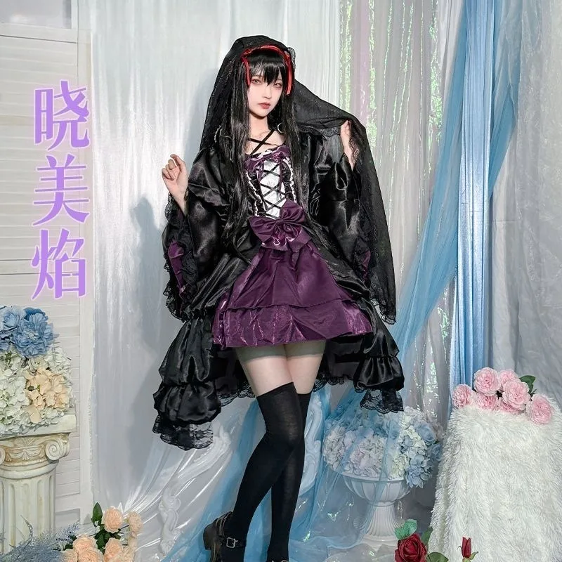 

ANIMECC Akemi Homura Косплей Костюм Парик Аниме Puella Magi Madoka Magica Набор Вуаль Черное Платье Лолита Хэллоуин Вечеринка для Женщин