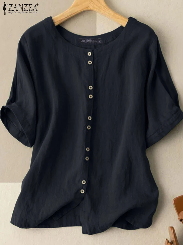 ZANZEA Summer Blouse Vintage Women Casual Loose Tunic Tops Solid Cotton Blusas O Neck Short Sleeve Shirt Buttons Down Chemise