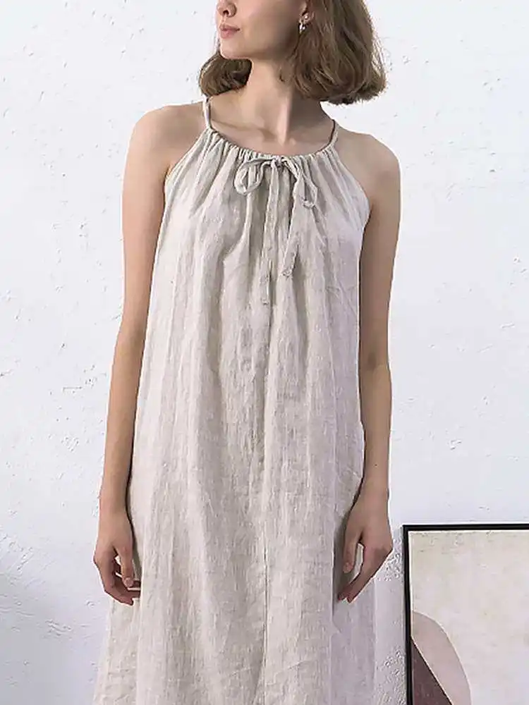 

Summer French Sle Linen Sling Dr Hanging Ne Strap Loose Waist A-Line Skirt No Brand Registered Trademark Svel