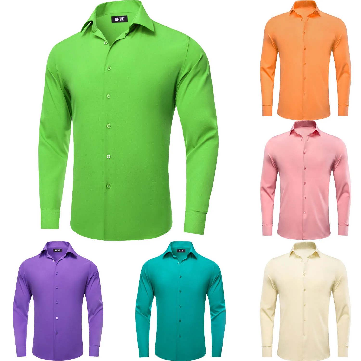 

Hi-Tie Bright Green Mens Shirts Silk Long Sleeves Slim Fashion Lapel Wedding Shirt Pink Purple Beige Blue Red Orange Black Grey