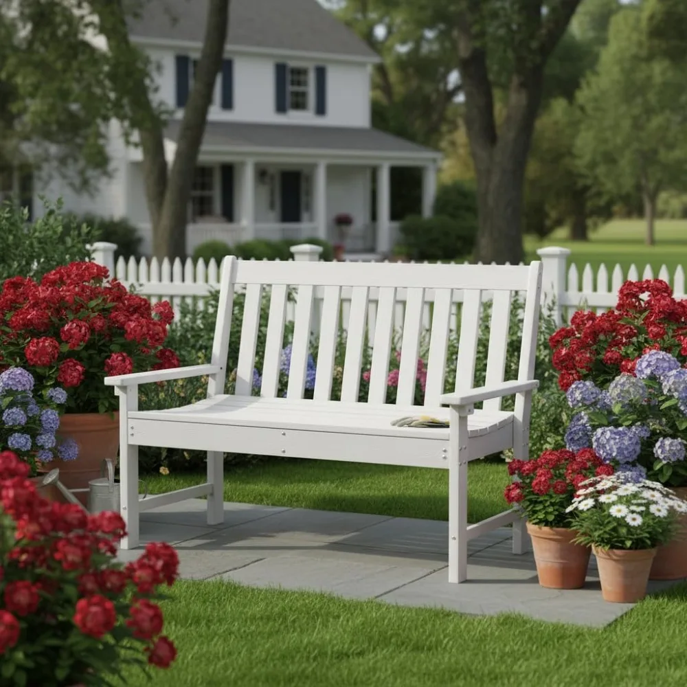 

HDPE Outdoor Garden Bench with Backrest, 2-Person All-Weather Patio Loveseat Chair with Slatted Seat, 705 Lbs, Customized