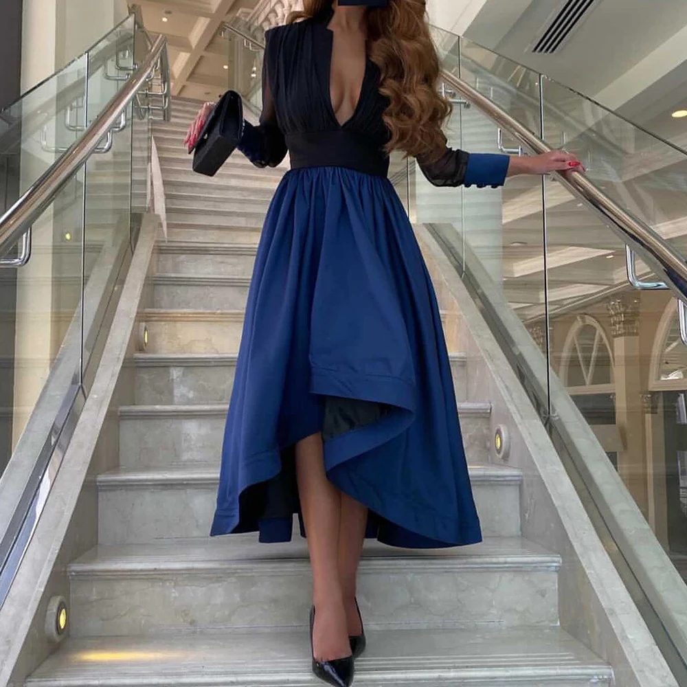 Customized Classic Tea Length V-Neck Evening Dress Temperament A-Line Long Sleeves Pleats Blue Party Dress Vestidos Para Mujer