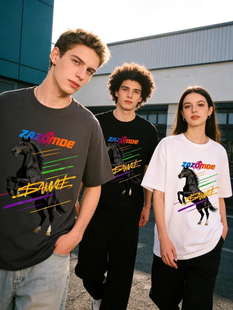 

Футболка ZAZOMDE Urban Streetwear из хлопка с принтом «Бегущая лошадь» и яркими художественными линиями, современный свободный крой, трендовый для молодежи