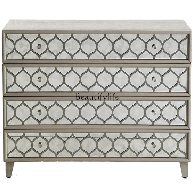 

1*American Light Luxury Simple Solid Wood Hardware Glass Bedside Table Storage Organizer Chest of Drawers