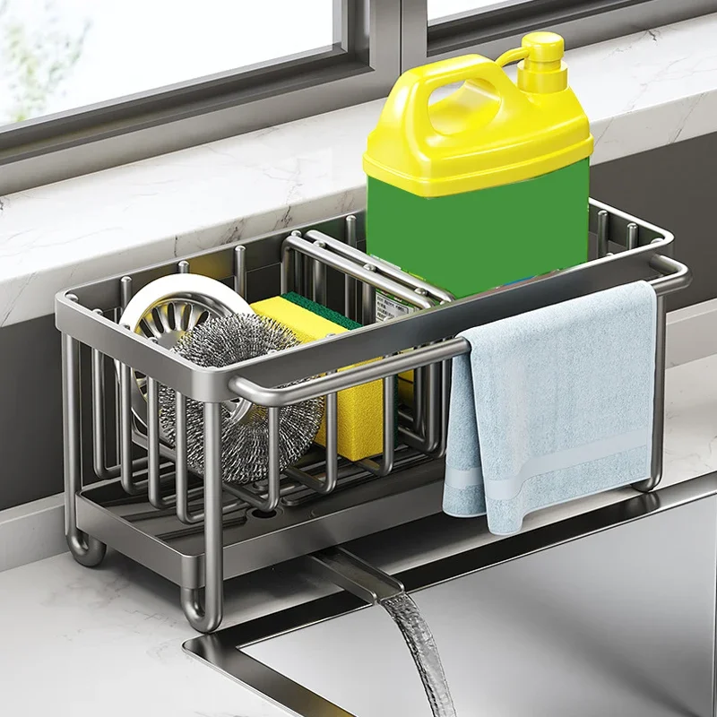 Edelstahl-Abflusskorb, Waschbecken, Seife, Handtuch, Schwammhalter, Badezimmer-Reinigungsmittel, Aufbewahrungsbox mit drehbarer Basis, Geschirrständer