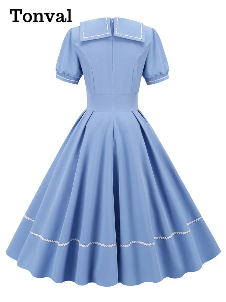 Tonval Sailor Collar Short Sleeve Vintage Style High Waist Swing Dresses Elegant for Women Blue Evening Gowns Pleated Dress