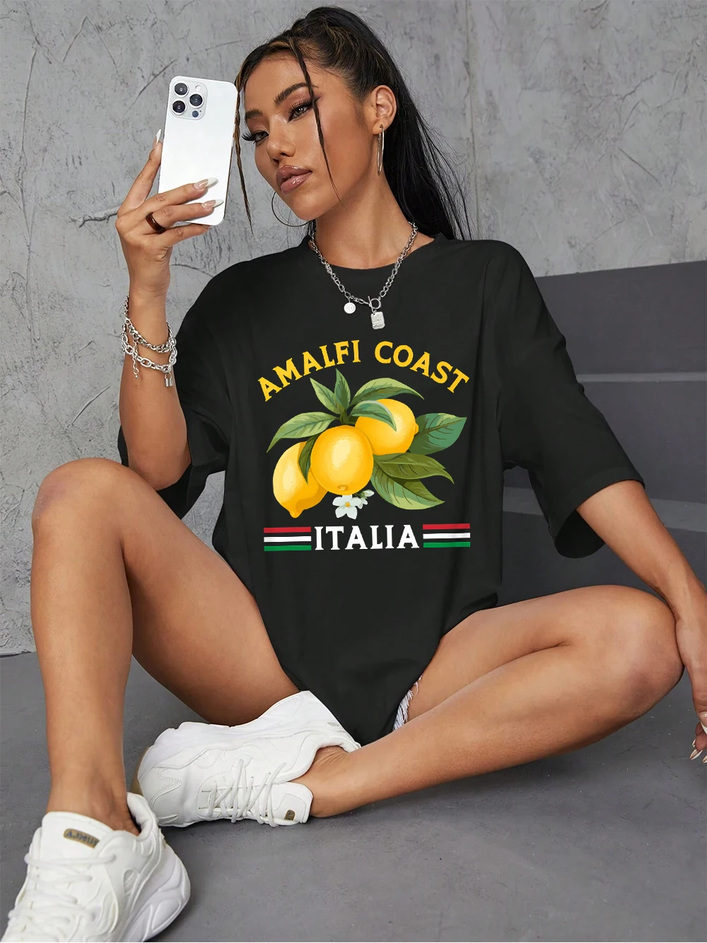 

Amalfi Coast Lemon Fruit Italia Prints T-Shirt Womens Summer Cotton Short Sleeve Soft Loose O-Neck Tops Casual Woman Clothes