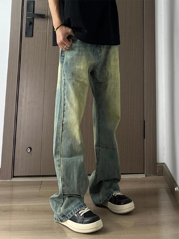 

Мужские джинсы из синего денима в стиле ретро с поясом, американские, в стиле High Street, прямые, слегка расклешенные, молодежные, модные, весенние