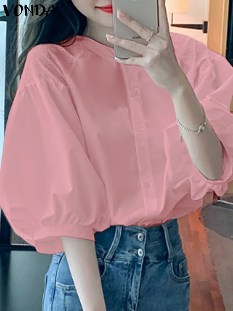 Women Summer Casual Lace Tops 2024 VONDA Fashion Elegant Shirts 3/4 Lantern Sleeve Patchwork Solid Color Blouse Femininas Blusas