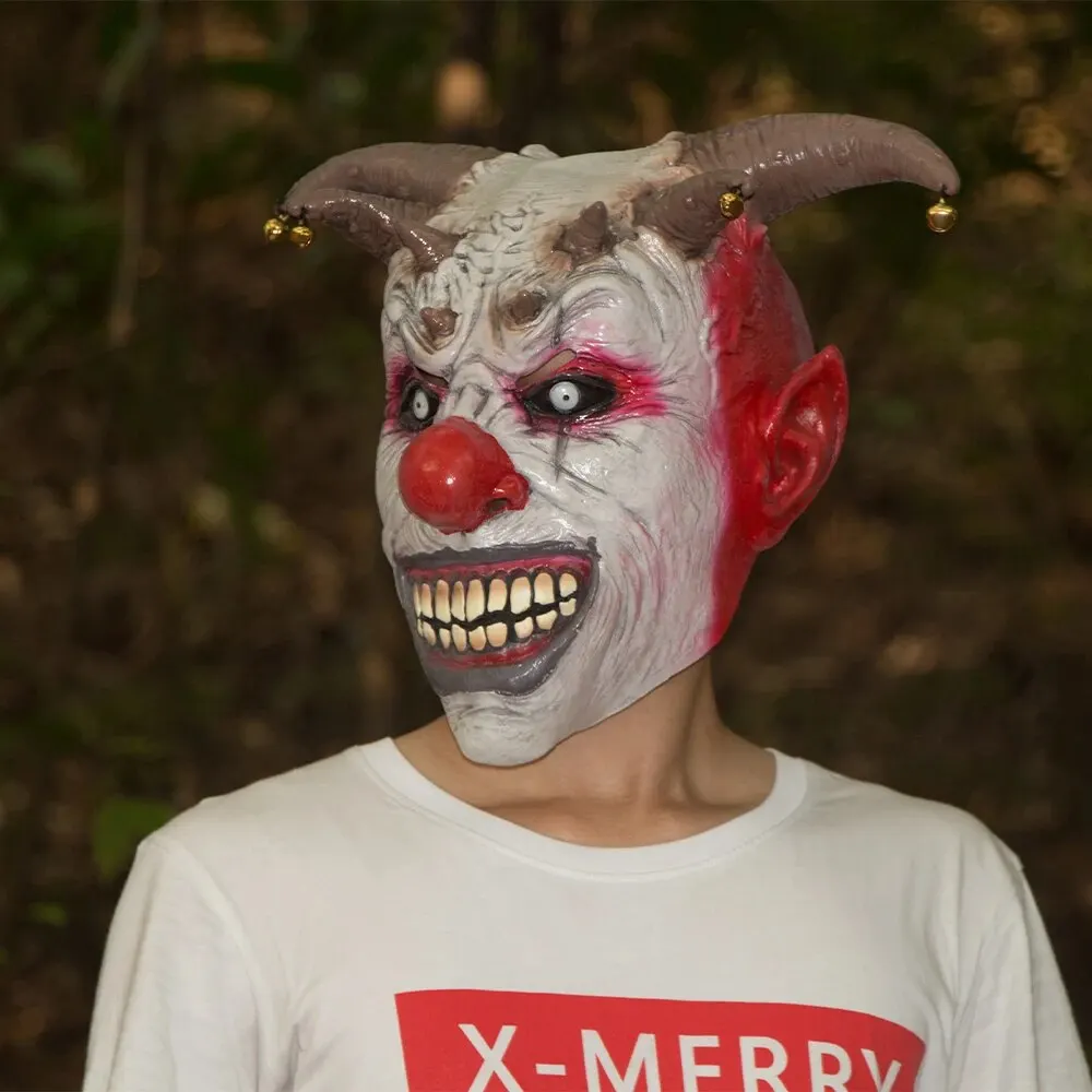 Bell Evil Clown Mask Latex Full face Masks Headgear Horror Villian Circus Carnival Halloween Party Jester Costume Scary Supplie