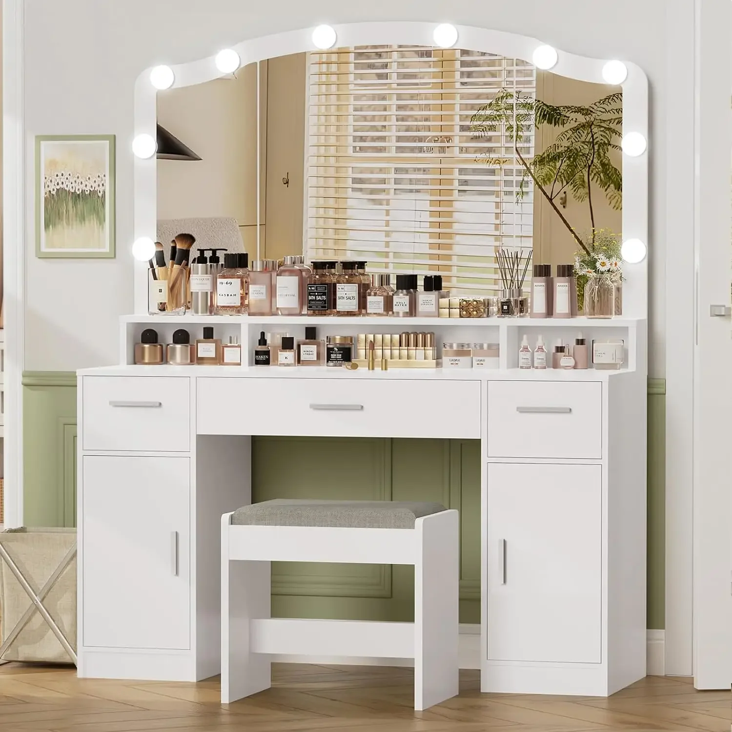 NEWMakeup Vanity with Lights, Vanity Desk, Makeup Vanity Table with 3 Drawers, 2 Cabinets &Long Storage Shelf, 10 Led Lights