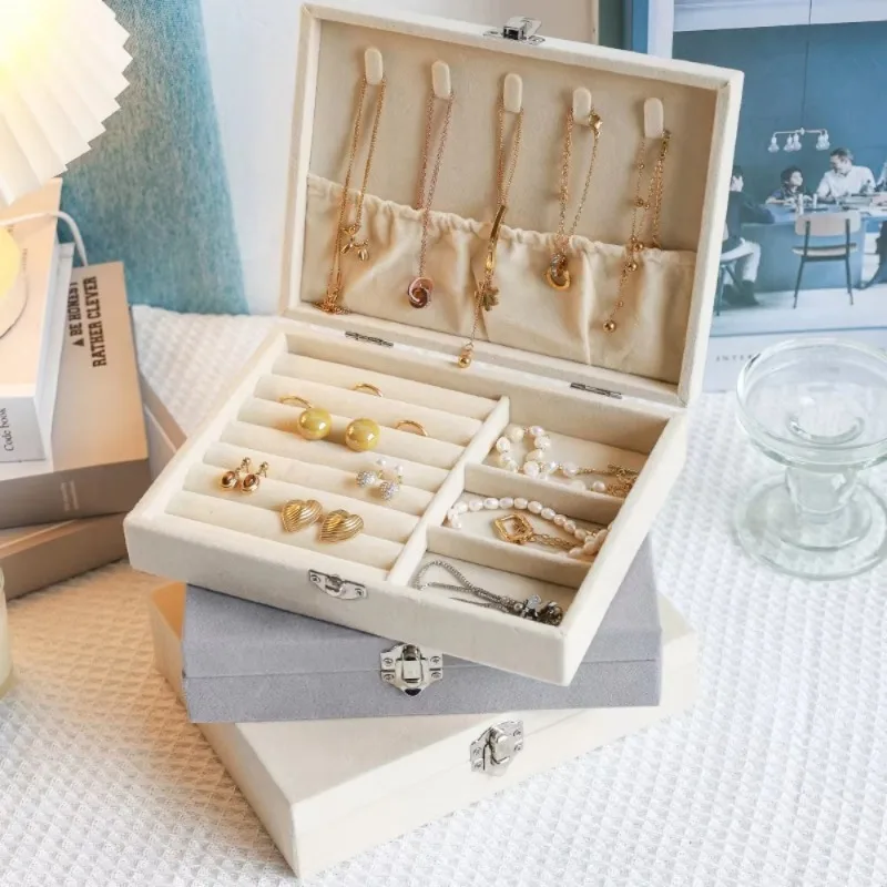 Velvet Jewelry Box Flip Cover Storage Box with Lock Buckle Earrings Necklace Bracelet Ring Display Case Portable Travel Organize - view 5