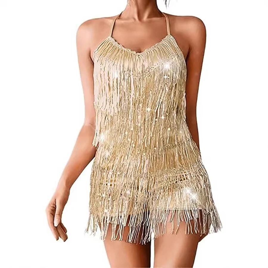

Женский комбинезон с пайетками и бахромой, блестящее облегающее мини-платье с открытой спиной и бахромой для сценических выступлений, для ведущих, певиц, выступлений на сцене.
