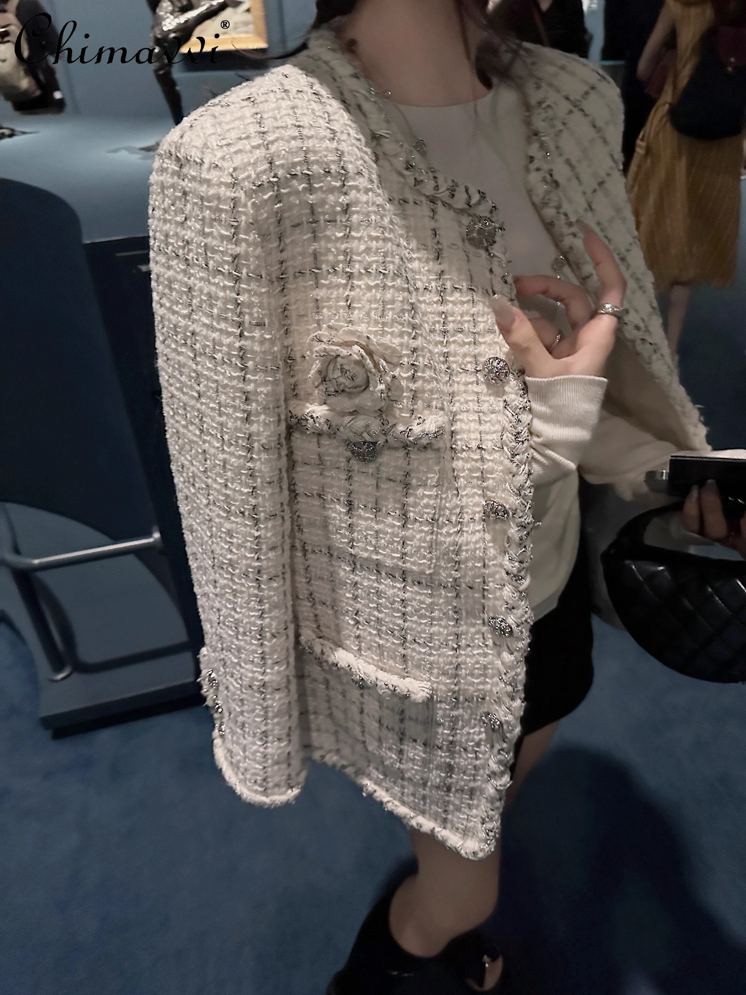 

Тяжелая модная клетчатая твидовая куртка для женщин, осенняя одежда 202, новое элегантное свободное утягивающее пальто с длинными рукавами, топы